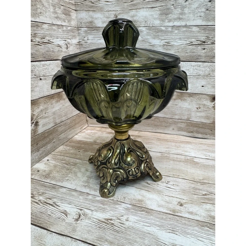 VTG 1970s Avocado Glass Candy Dish Lid Metal Pedestal Rare Hollywood Regency
